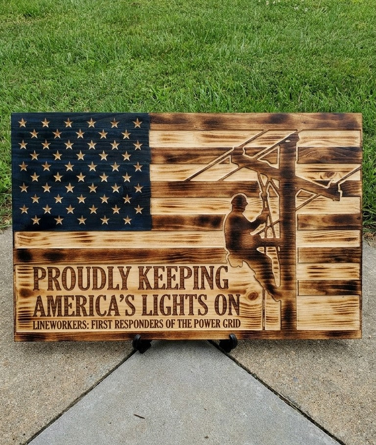 Tribute flags, burned by hand — not printed in a factory.
